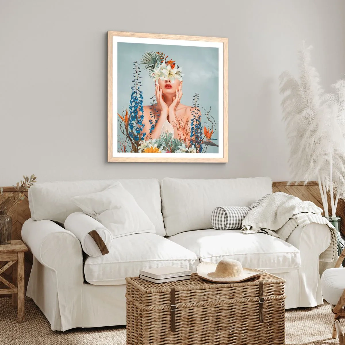 Plakat i ramme af lyst egetræ - Kvinde blomst - 50x50 cm