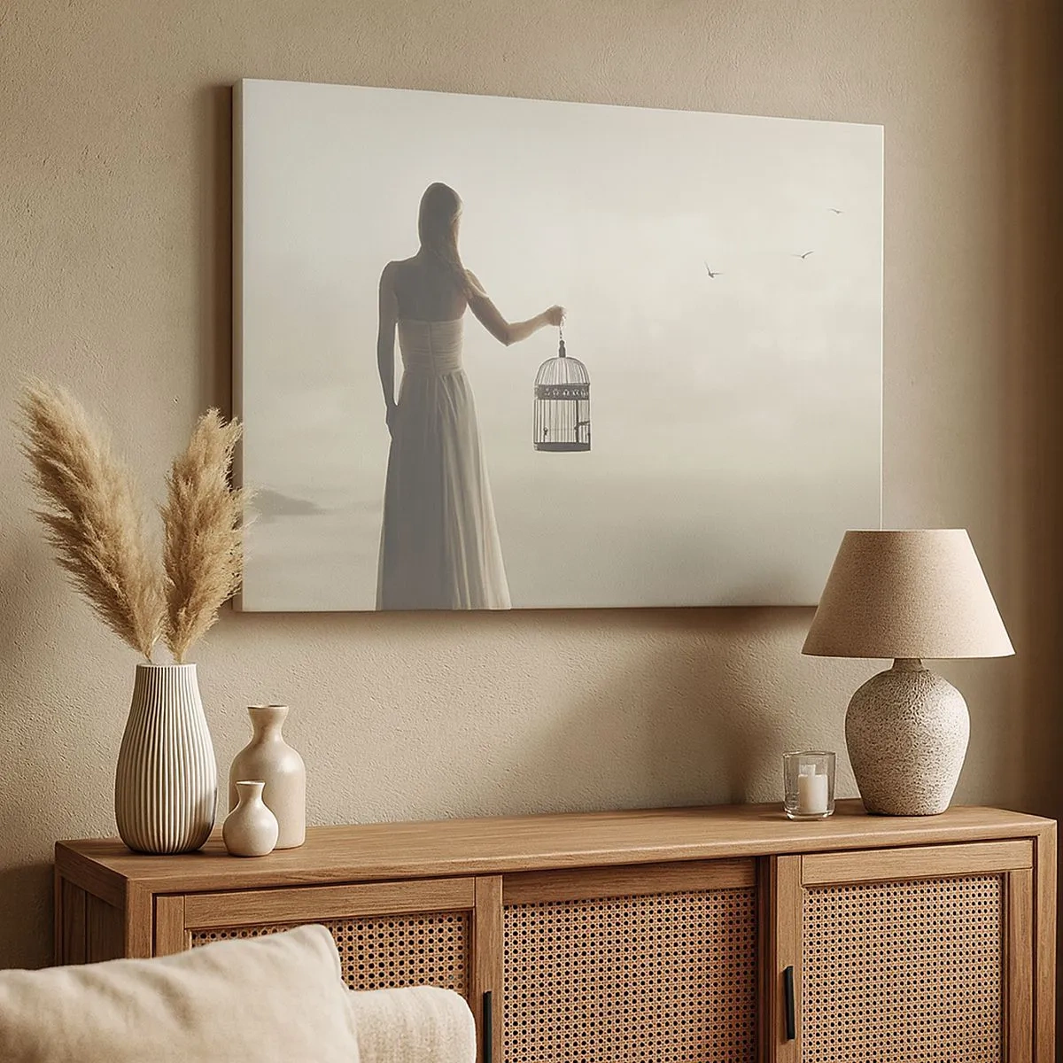 Lærredstryk - Billede på lærred - En kvinde med et bur mod en rolig himmel - 70x50cm - Vær fri - Moderne vægdekoration til stue og soveværelse ARTTOR