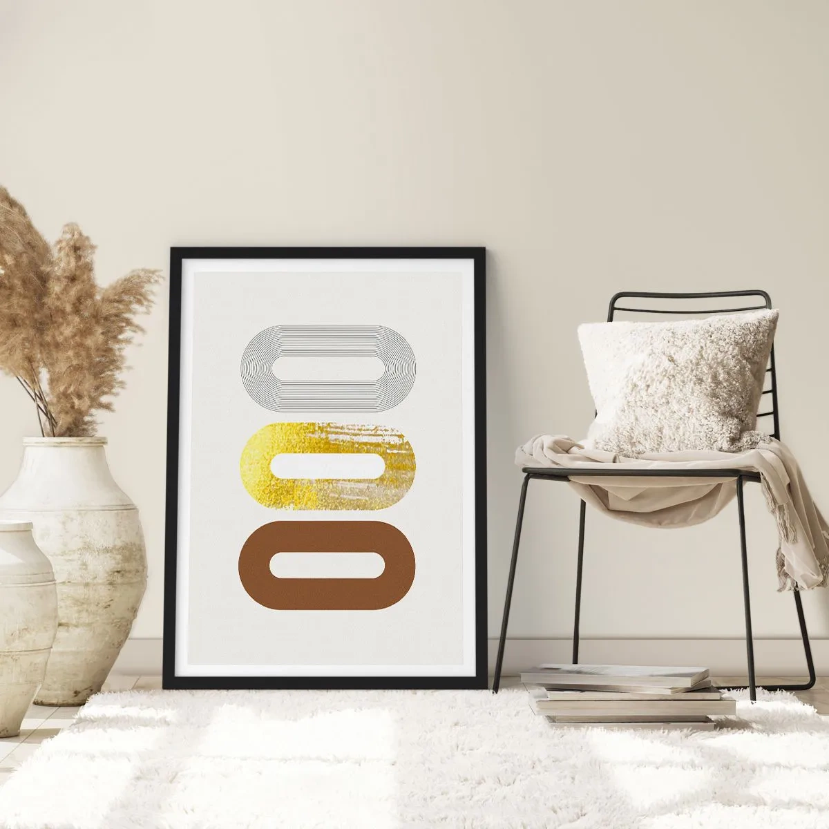 Plakat i sort ramme - Geometriske former i nuancer af guld, brun og grå - 50x70cm - Åhhh! - Moderne vægdekoration til stue og soveværelse ARTTOR