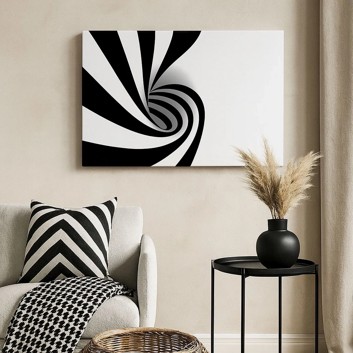 Lærredstryk - Billede på lærred - Abstrakt sort-hvid optisk vortex - 70x50cm - Og alligevel snurrer den - Moderne vægdekoration til stue og soveværelse ARTTOR