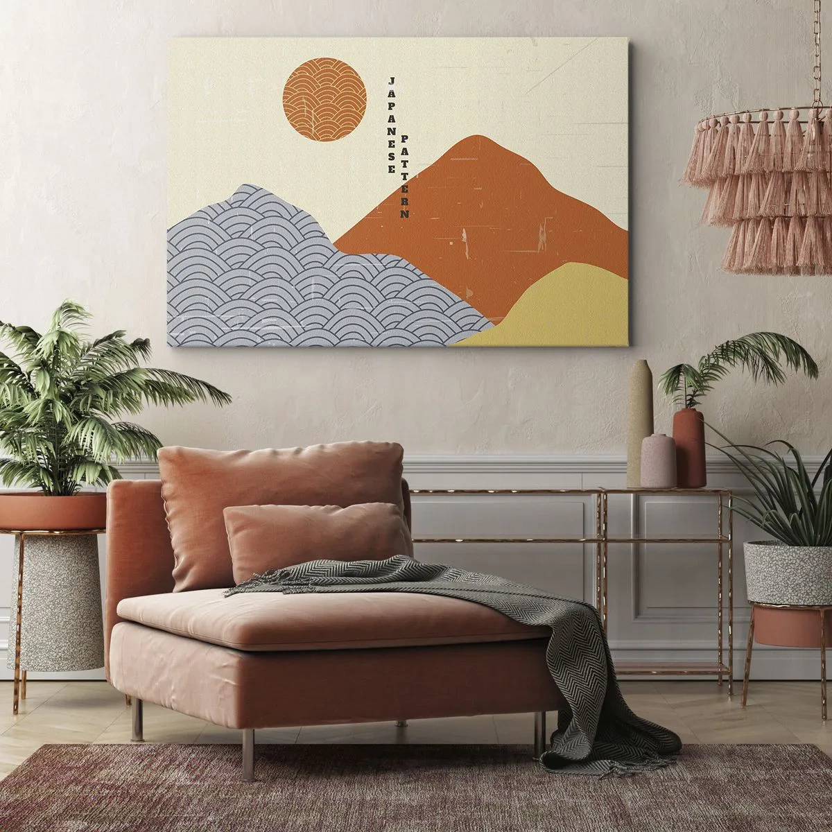 Lærredstryk - Billede på lærred - Japanske mønstre med bjerge, sol og minimalistisk stil - 70x50cm - I den japanske ånd - Moderne vægdekoration til stue og soveværelse ARTTOR