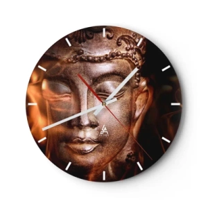 Vægur, Uret - En gylden Buddha-skulptur med et blødt lys i baggrunden - 30x30cm - Den eksisterer kun her og nu - Moderne vægdekoration til stue, køkken og soveværelse ARTTOR