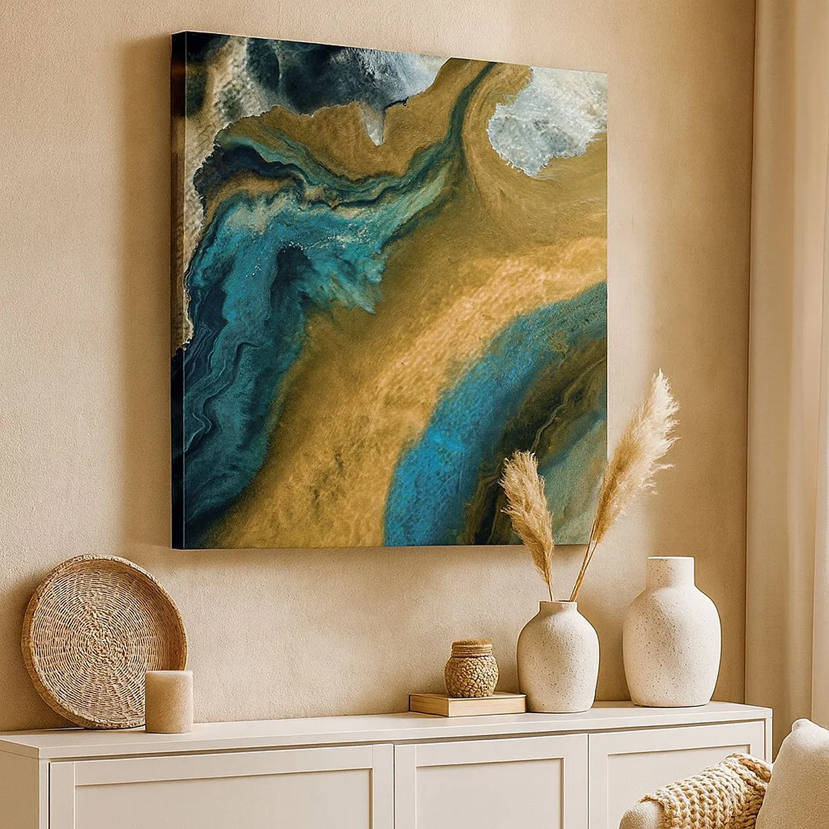 Lærredstryk - Billede på lærred - Blå - gul - gensidig indflydelse - 30x30 cm