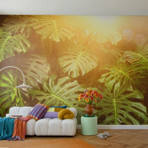 Fototapet Premium Sand - Træd ind i det grønne... - Monstera Leaf, Tropisk plante, Jungle - 150x105 cm