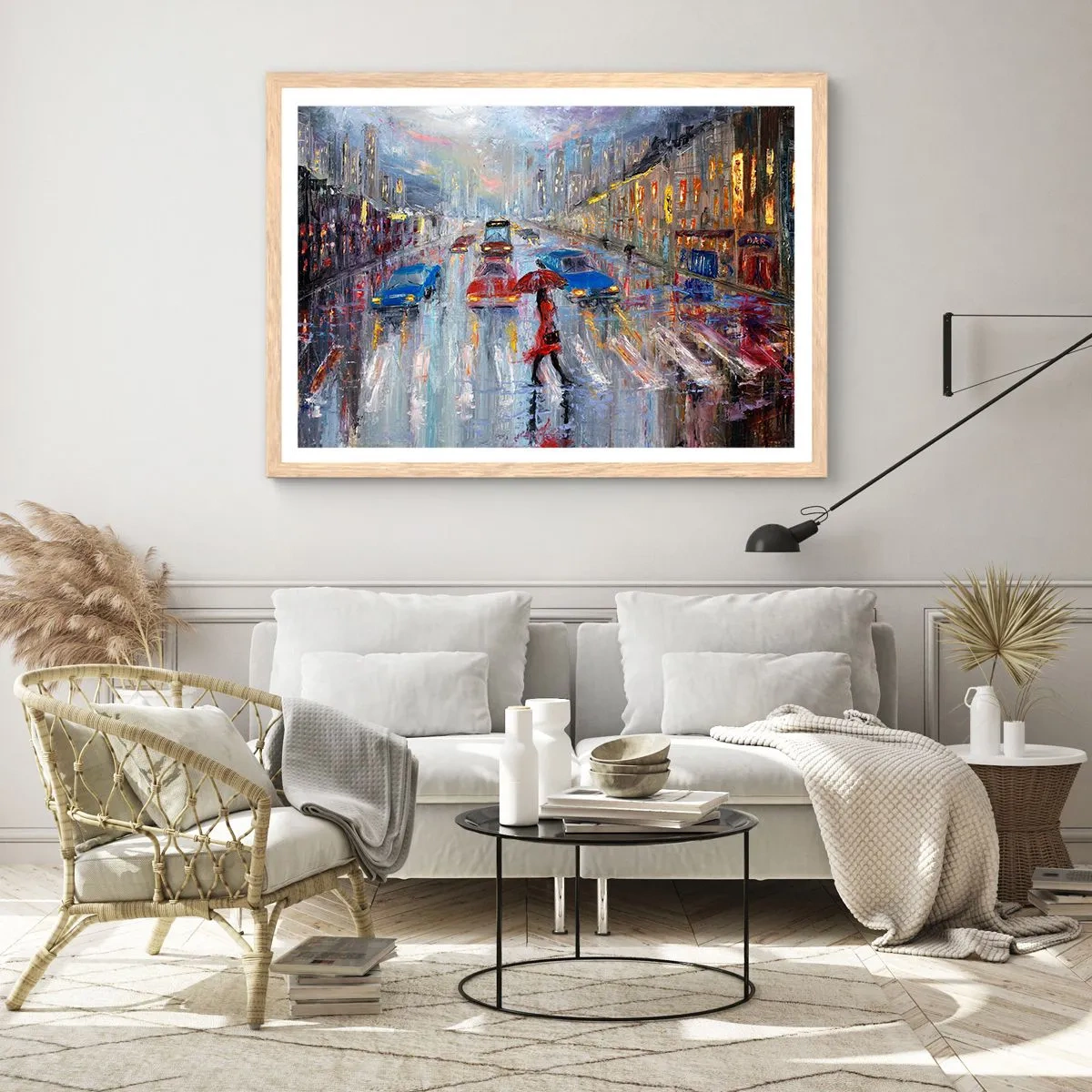 Plakat i ramme af lyst egetræ - Regnfuld eftermiddag i byen - 100x70 cm