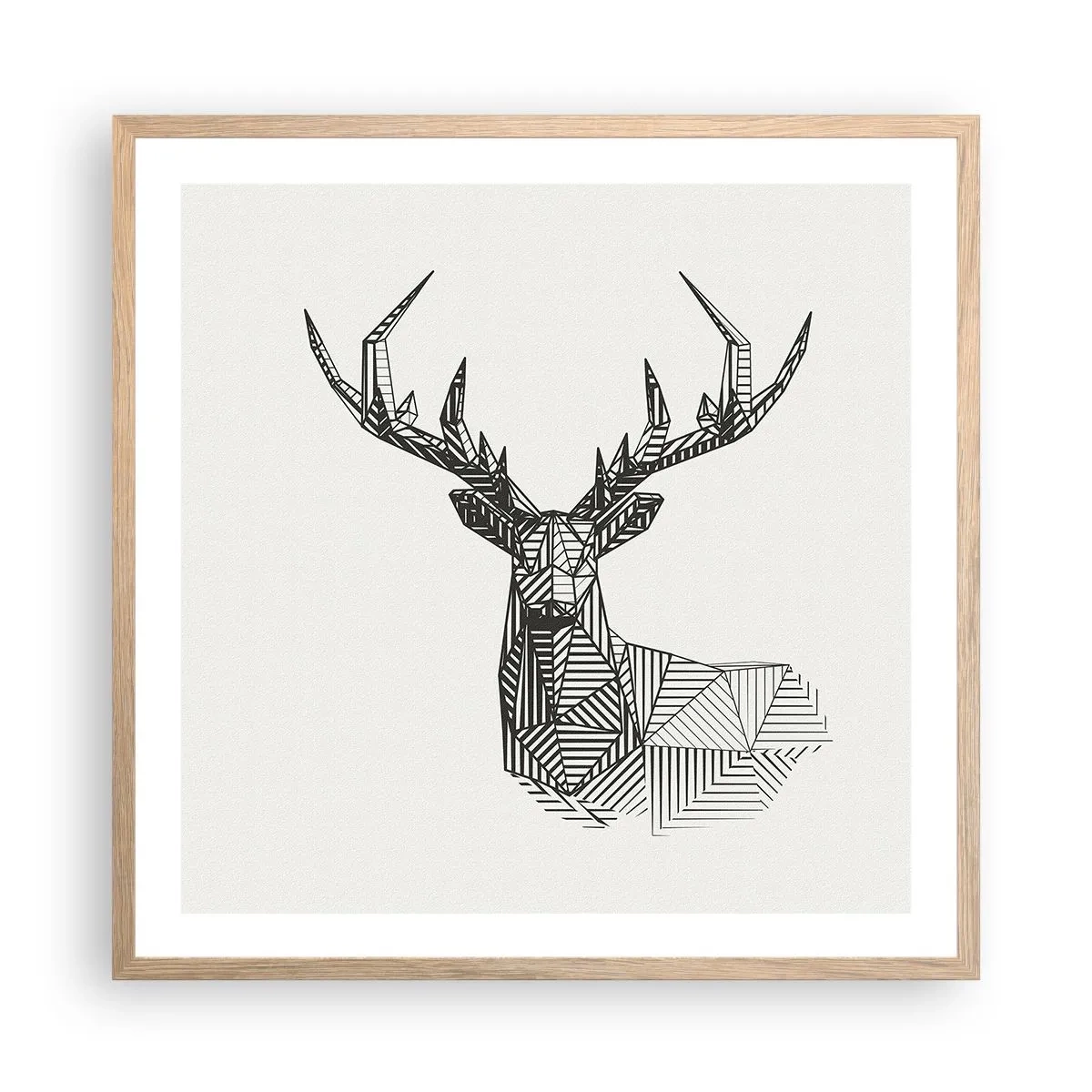 Plakat i ramme af lyst egetræ - Hjorte i kubistisk stil - 60x60 cm