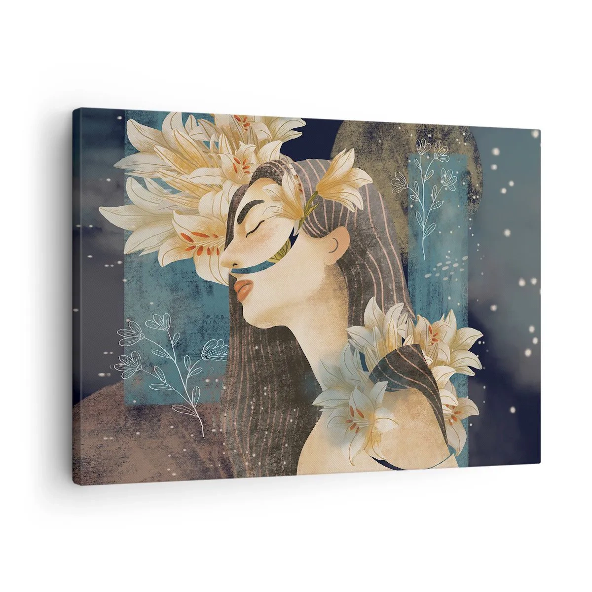 Lærredstryk - Billede på lærred - Portræt af en kvinde med blomster i kunstnerisk stil på en mørk baggrund - 70x50cm - Eventyret om prinsessen med liljerne - Moderne vægdekoration til stue og soveværelse ARTTOR