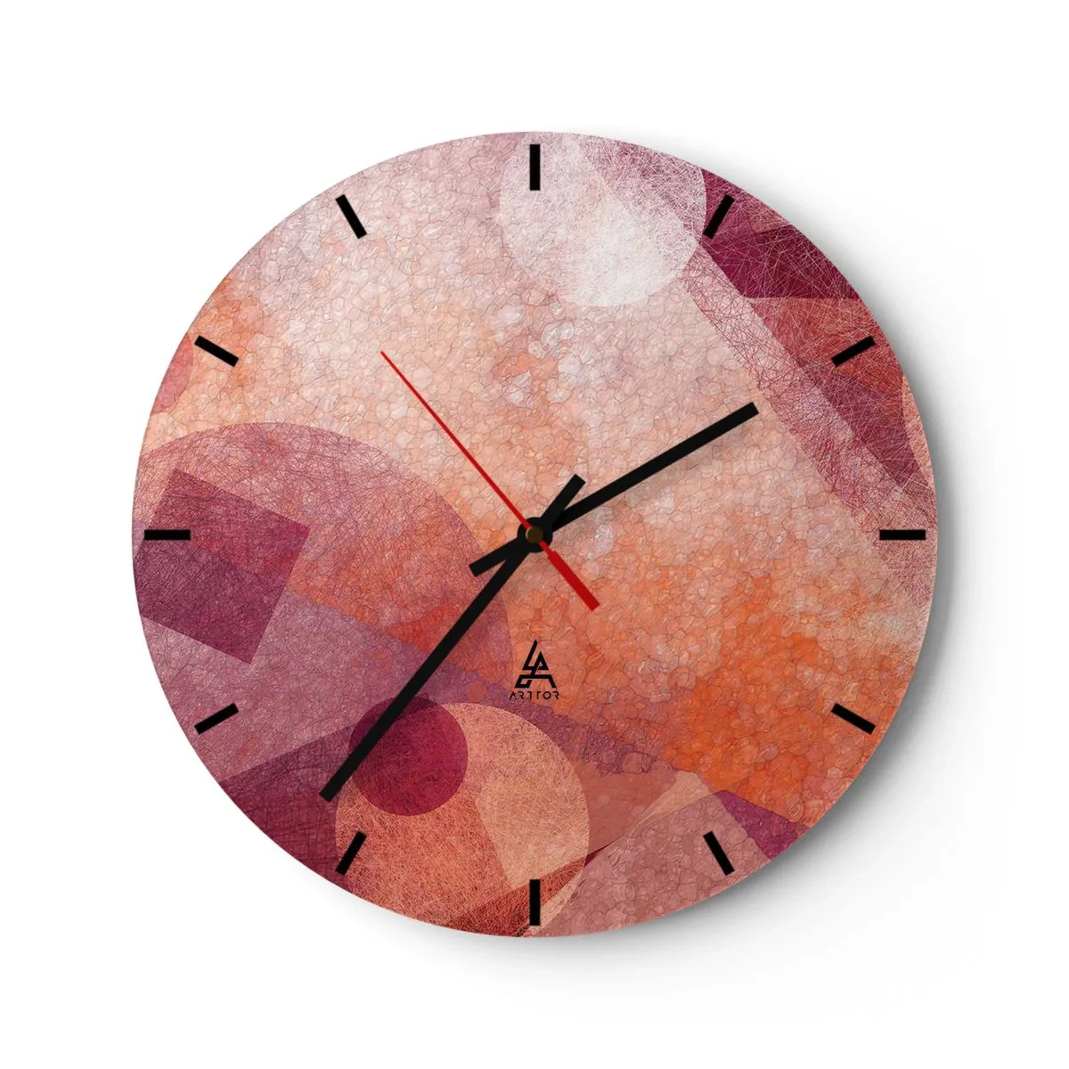 Vægur, Uret - Geometriske mønstre i nuancer af lyserød og orange - 30x30cm - Geometriske transformationer i pink - Moderne vægdekoration til stue, køkken og soveværelse ARTTOR