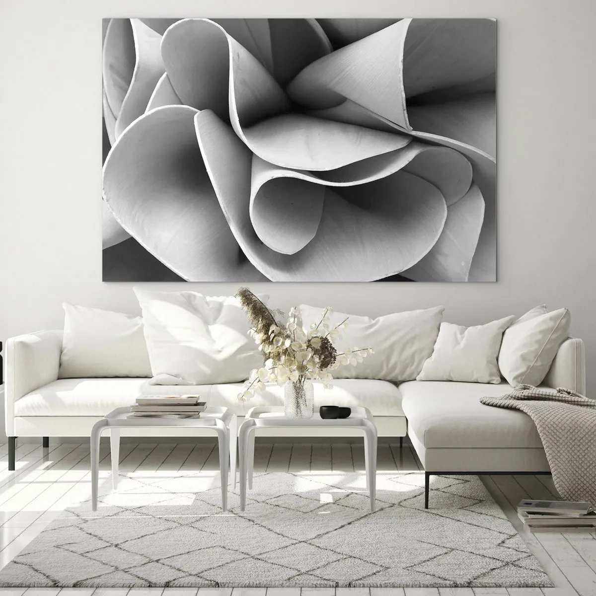 Billede på glas - Sort-hvid nærbillede af abstrakte spiralformer - 70x50cm - Hvad der sker i rummet - Moderne vægdekoration til stue og soveværelse ARTTOR