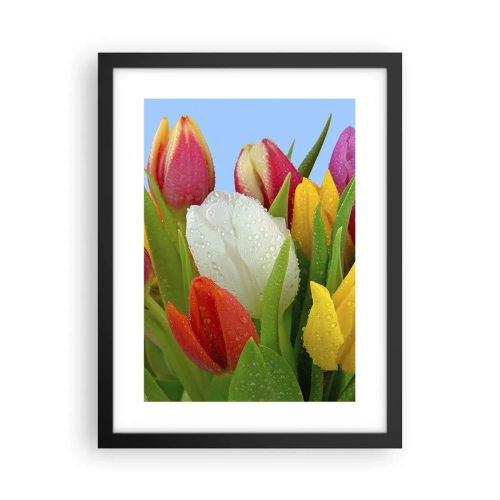 Plakat i sort ramme - En blomstret regnbue i dugdråber - 30x40 cm