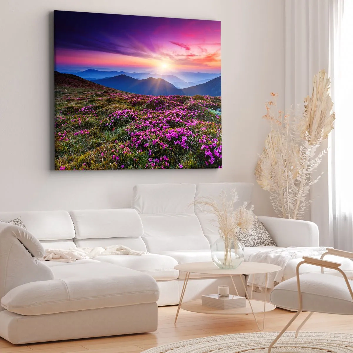 Lærredstryk - Billede på lærred - Bjergeng med blomster ved solnedgang - 70x50cm - Urter duftede friske bundter fra niw - Moderne vægdekoration til stue og soveværelse ARTTOR