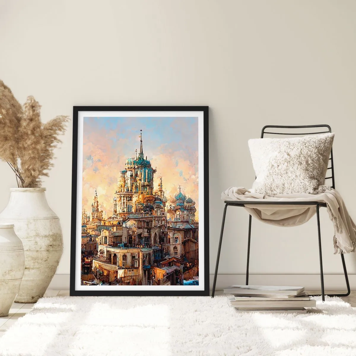 Plakat i sort ramme - Monumental arkitektur i varme farver - 50x70cm - En by af byer - Moderne vægdekoration til stue og soveværelse ARTTOR
