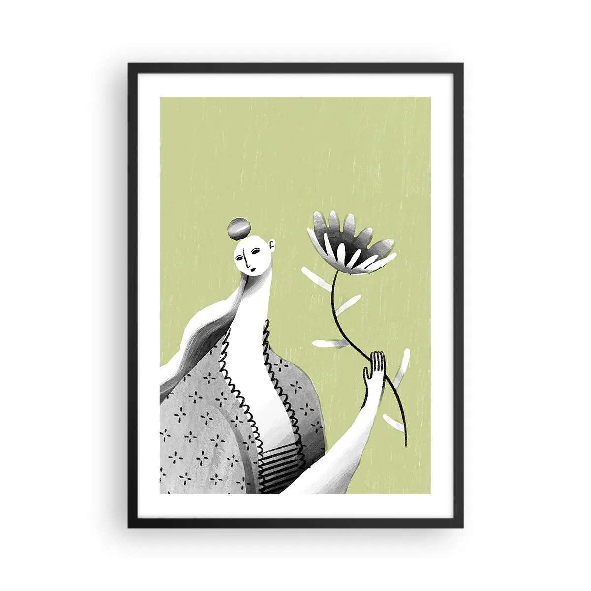 Plakat i sort ramme - Minimalistisk kvinde, der holder en blomst på en grøn baggrund - 50x70cm - Modernistisk portræt - holder en blomst - Moderne vægdekoration til stue og soveværelse ARTTOR