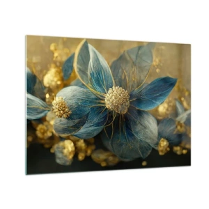 Billede på glas - Blå og gyldne blomster med en luksuriøs fornemmelse - 70x50cm - Blomstre med guld - Moderne vægdekoration til stue og soveværelse ARTTOR