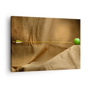 Lærredstryk - Billede på lærred - Grønt æble på stof med en pil, der skaber en komposition - 70x50cm - Påkald William Tell's ånd - Moderne vægdekoration til stue og soveværelse ARTTOR