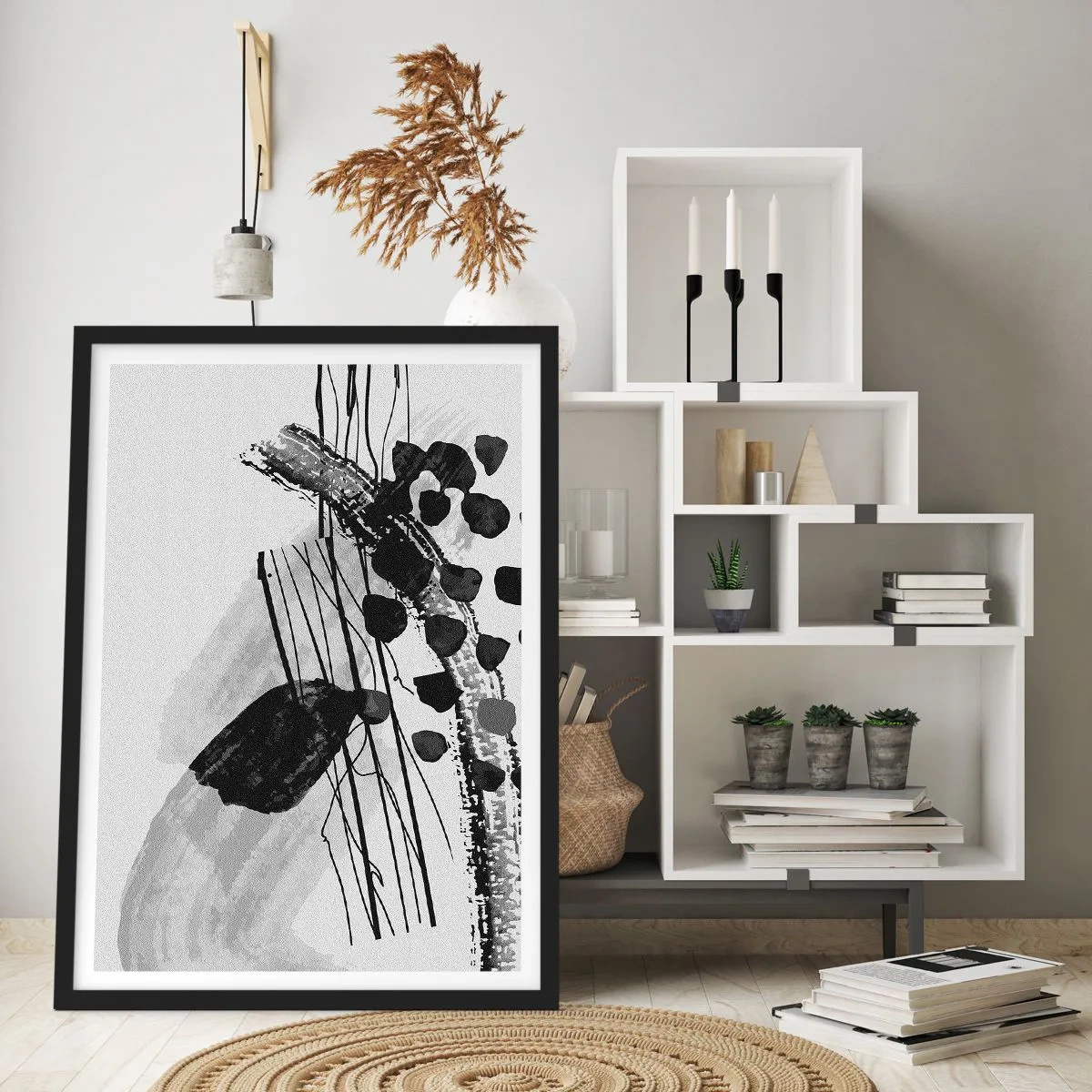 Plakat i sort ramme - Moderne abstraktion i sort-hvid med dynamiske linjer - 50x70cm - Sort og hvid organisk abstraktion - Moderne vægdekoration til stue og soveværelse ARTTOR
