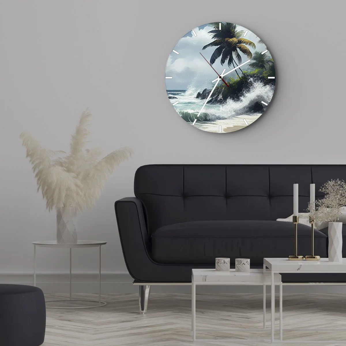 Vægur, Uret - Tropisk strand med palmer og brusende havbølger - 30x30cm - På en tropisk strand - Moderne vægdekoration til stue, køkken og soveværelse ARTTOR