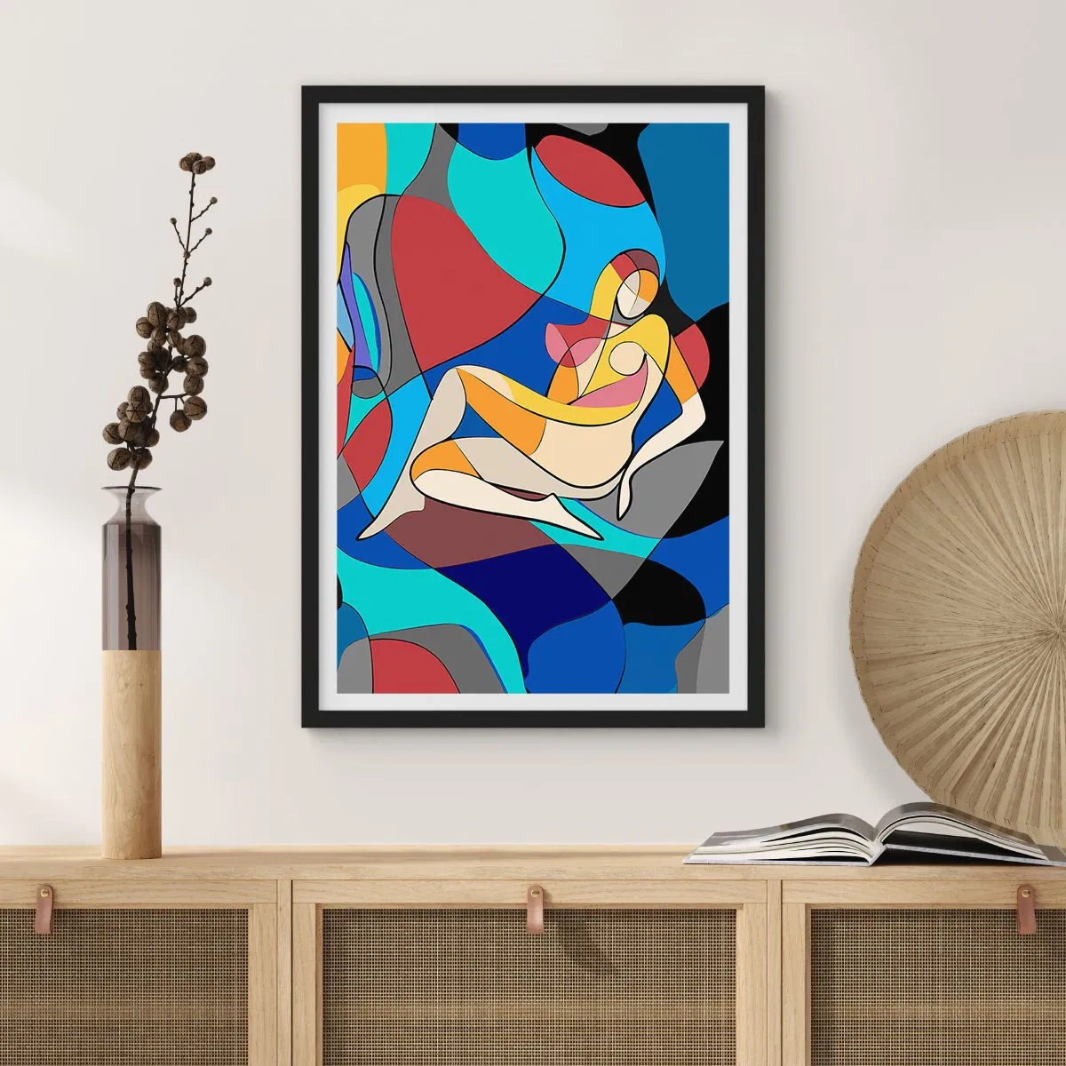 Plakat i sort ramme - Abstrakt silhuet af en kvinde i en farverig komposition - 50x70cm - Kubistisk nøgen - Moderne vægdekoration til stue og soveværelse ARTTOR