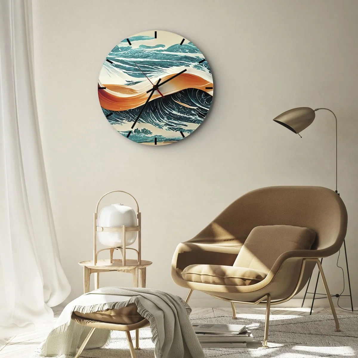 Vægur, Uret - Havbølger med et orange bånd i en dynamisk komposition - 30x30cm - Surferens drøm - Moderne vægdekoration til stue, køkken og soveværelse ARTTOR