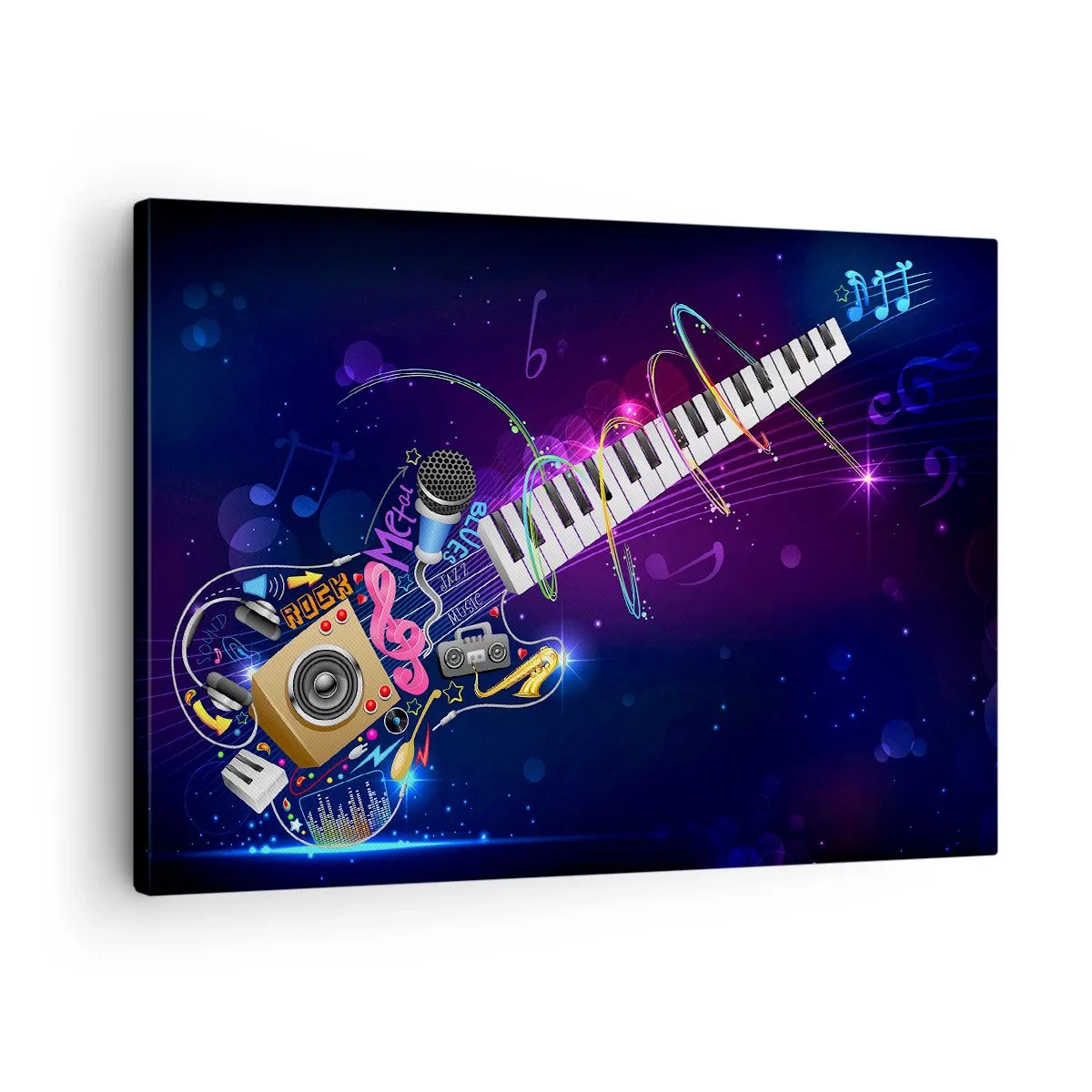 Lærredstryk - Billede på lærred - En farverig guitar med et keyboard og en mikrofon på en mørk baggrund. - 70x50cm - Og alt er i orden - Moderne vægdekoration til stue og soveværelse ARTTOR