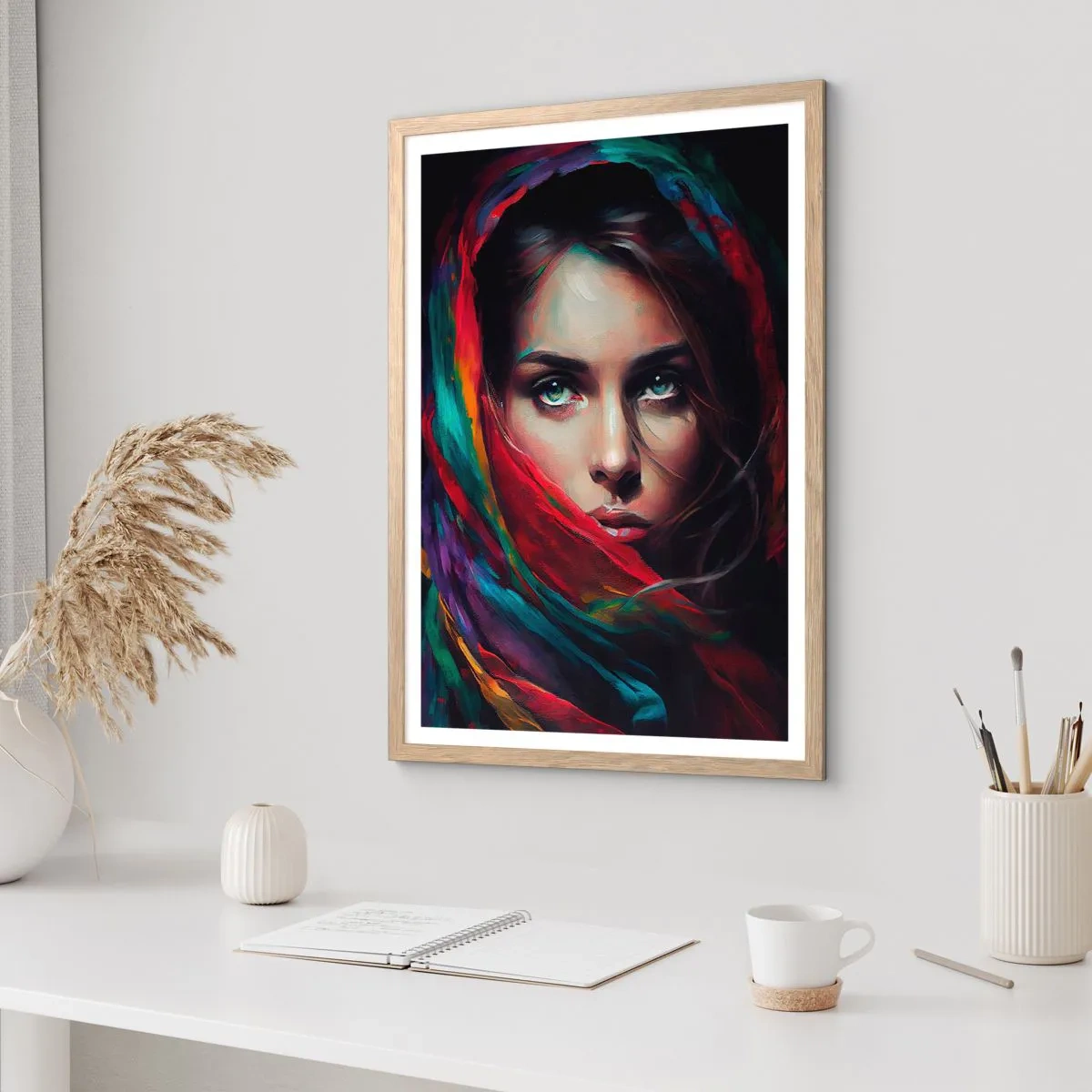 Plakat i ramme af lyst egetræ - Mysterium med grønne øjne - 40x50 cm