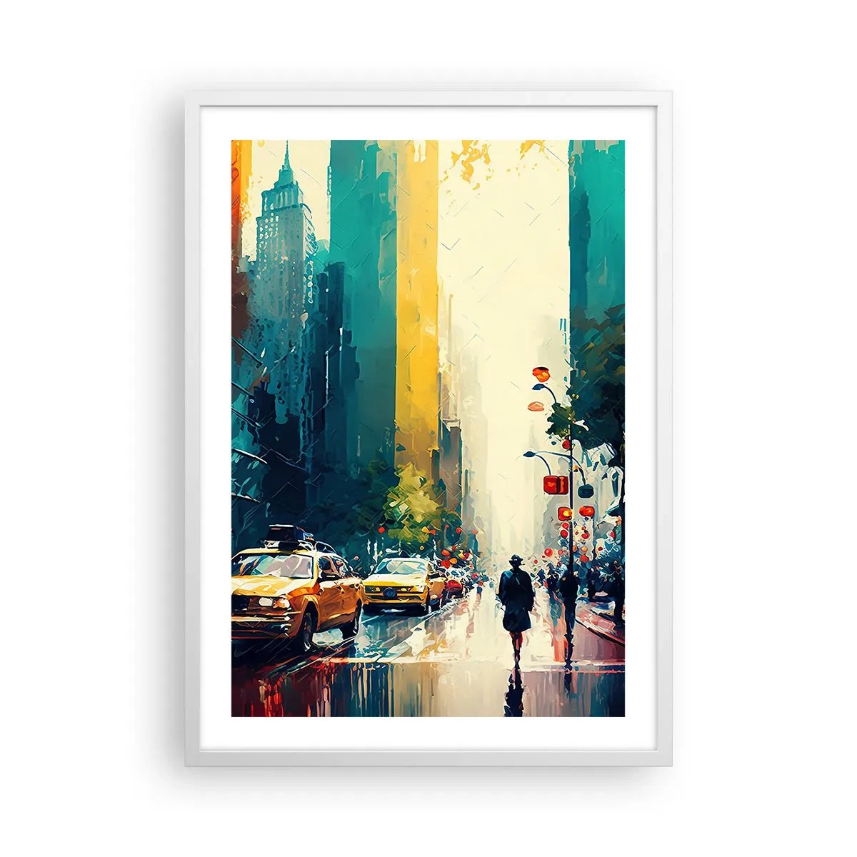 Plakat i hvid ramme - New York - her er selv regnen farverig - 50x70 cm
