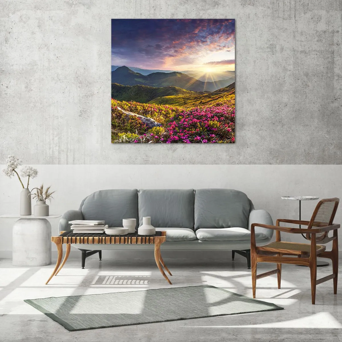 Billede på glas - Friskheden af en morgen i bjergene - 60x60 cm