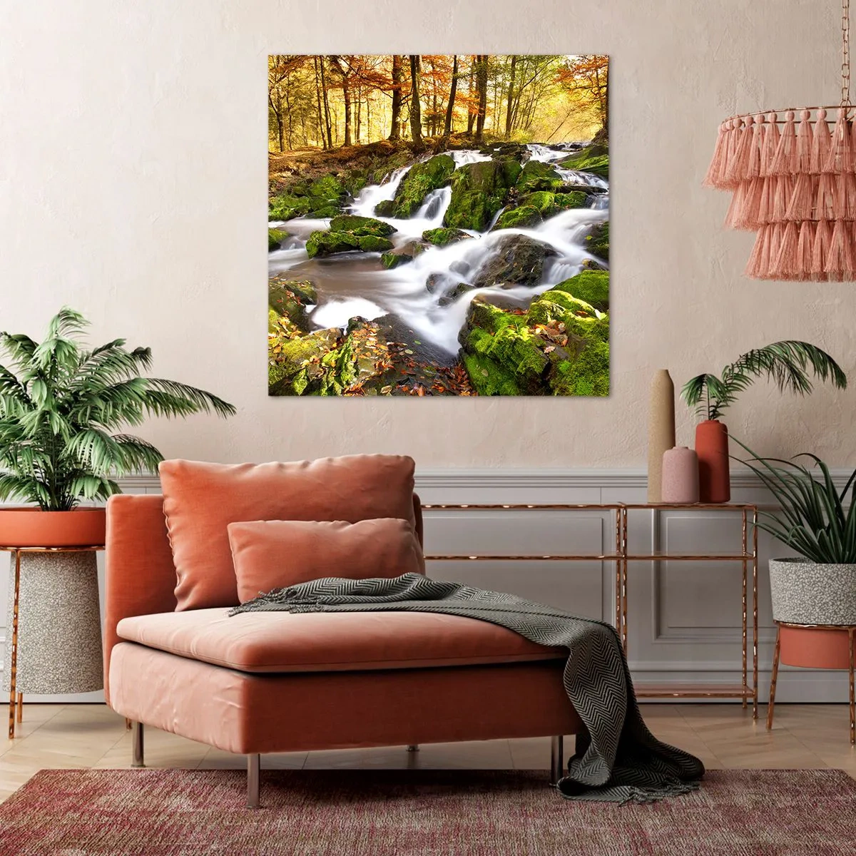 Lærredstryk - Billede på lærred - Bystrøm gennem efterårsskoven - 60x60 cm