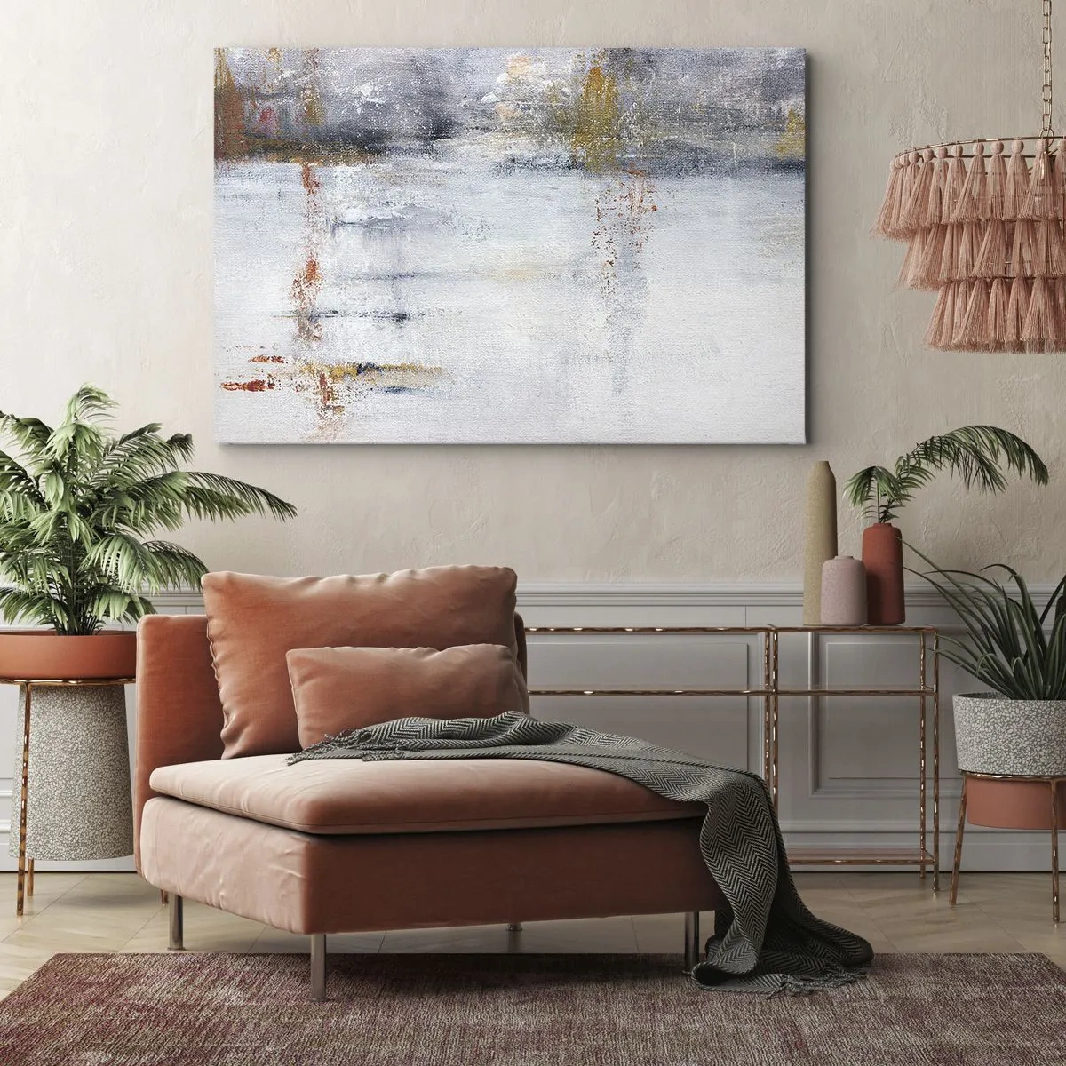 Lærredstryk - Billede på lærred - Et abstrakt landskab med slørede accenter af gråt og guld. - 70x50cm - Bag lufttæppet - Moderne vægdekoration til stue og soveværelse ARTTOR