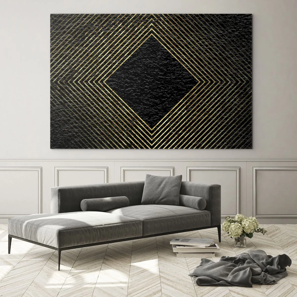 Billede på glas - Gulddiamant med geometriske linjer på sort baggrund - 70x50cm - Geometri i glamour-stil - Moderne vægdekoration til stue og soveværelse ARTTOR
