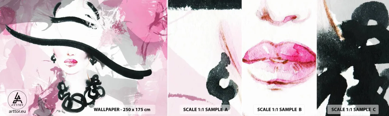 Fototapet Prøve Standard Eco - Portræt af en dame i sort og lyserødt - Kvinde, Kvindens ansigt, Abstraktion - 100x30 cm