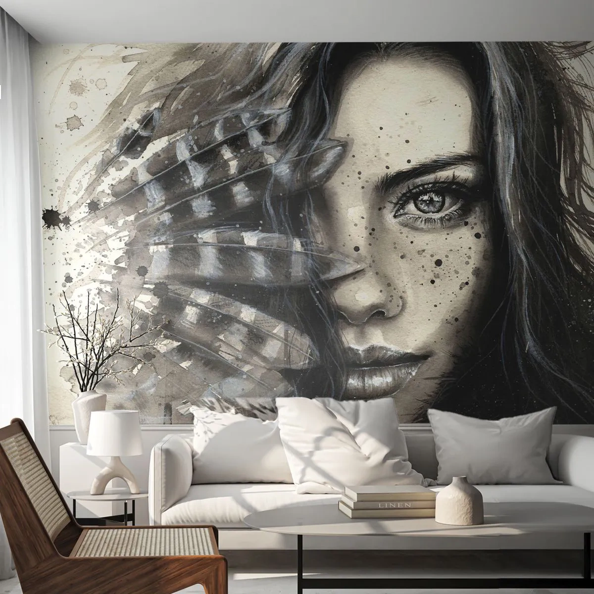 Fototapet Selvklæbende Deluxe Sticker - Vild skønhed - Kvinde, Fuglefjer, Grafik - 250x175 cm