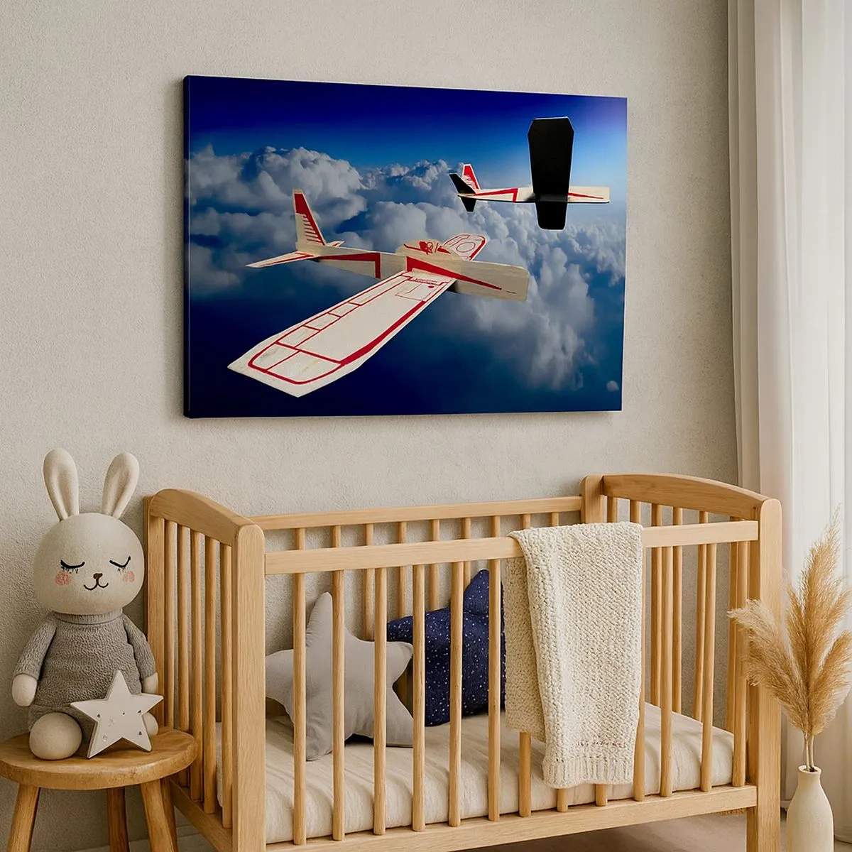 Lærredstryk - Billede på lærred - To træfly svæver over skyerne mod en blå himmel. - 70x50cm - Endnu højere, endnu længere - Moderne vægdekoration til stue og soveværelse ARTTOR