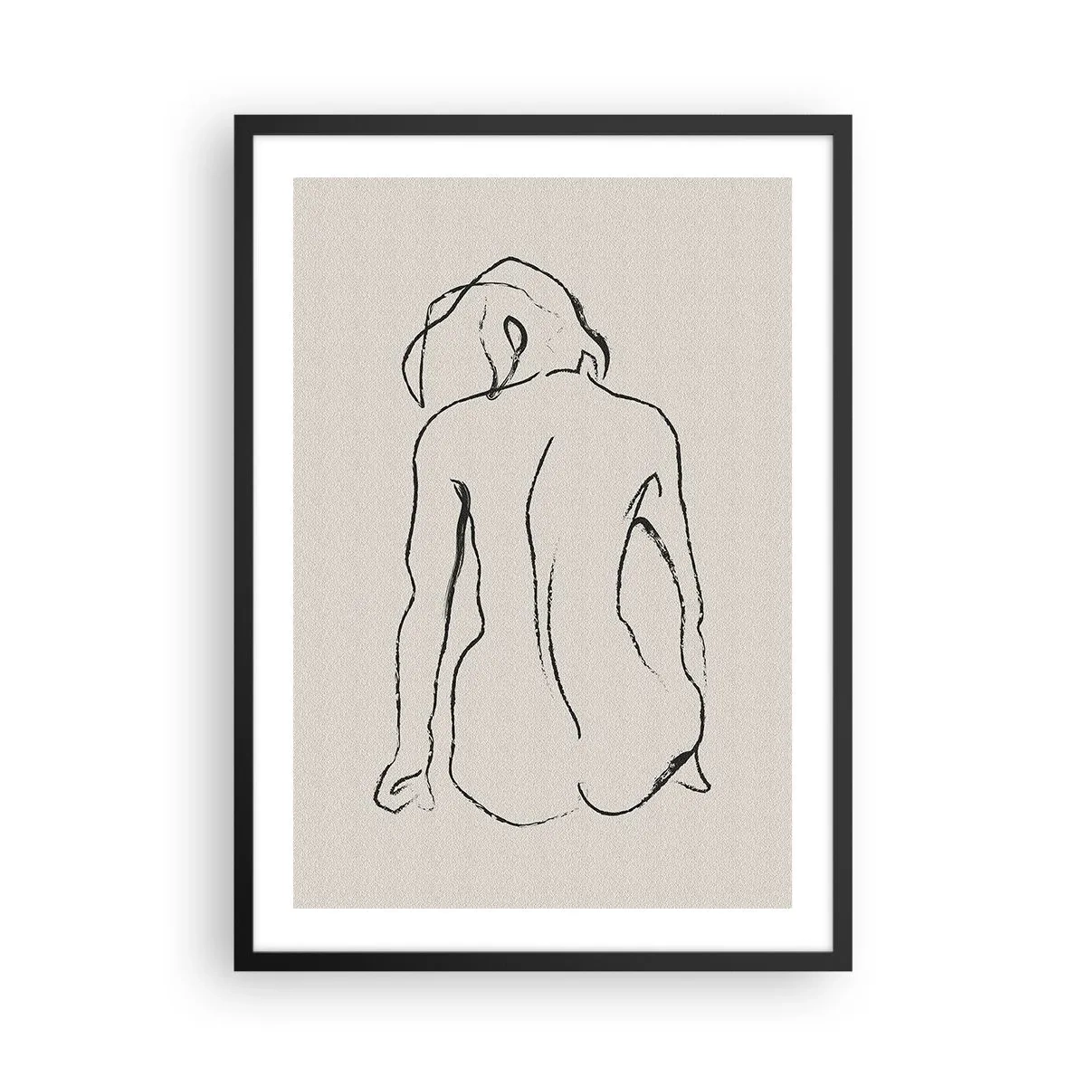 Plakat i sort ramme - En minimalistisk skitse af en nøgen kvinde, der sidder baglæns. - 50x70cm - Nøgen pige - Moderne vægdekoration til stue og soveværelse ARTTOR
