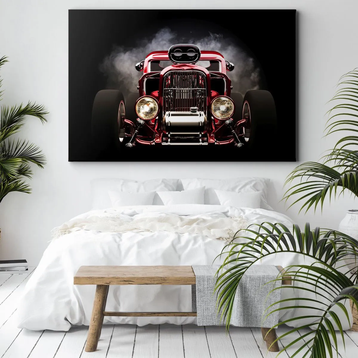 Lærredstryk - Billede på lærred - Rød klassisk racerbil på en mørk baggrund - 70x50cm - Hurtigt og rasende smukt - Moderne vægdekoration til stue og soveværelse ARTTOR