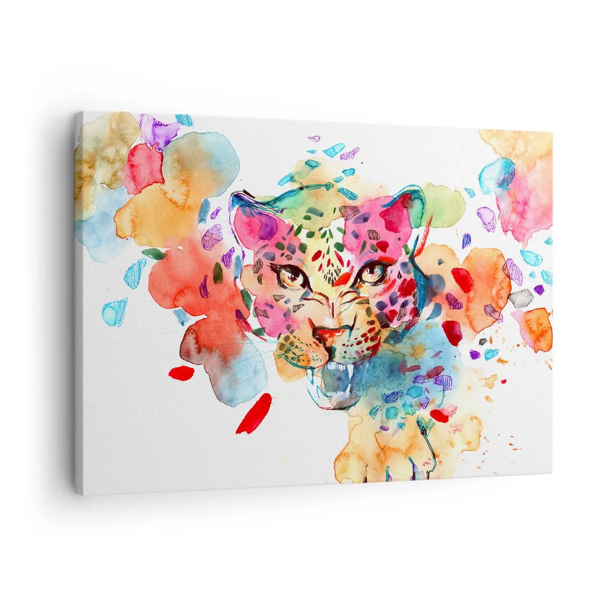 Lærredstryk - Billede på lærred - Abstrakt portræt af en leopard i intense farver - 70x50cm - Skønheden og udyret - Moderne vægdekoration til stue og soveværelse ARTTOR