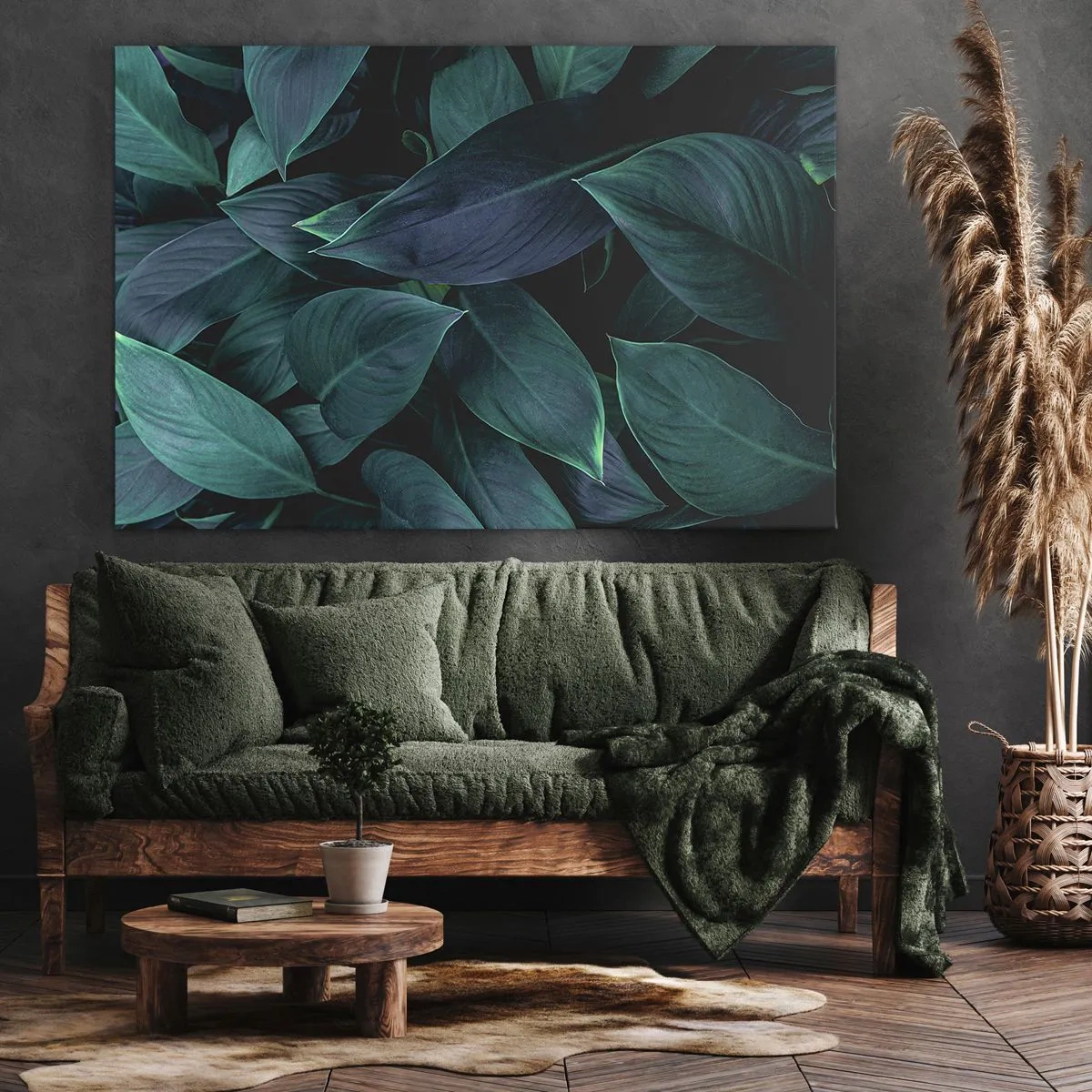 Lærredstryk - Billede på lærred - Nærbillede af grønne blade med en mørk baggrund - 70x50cm - Grønt i sig selv - Moderne vægdekoration til stue og soveværelse ARTTOR