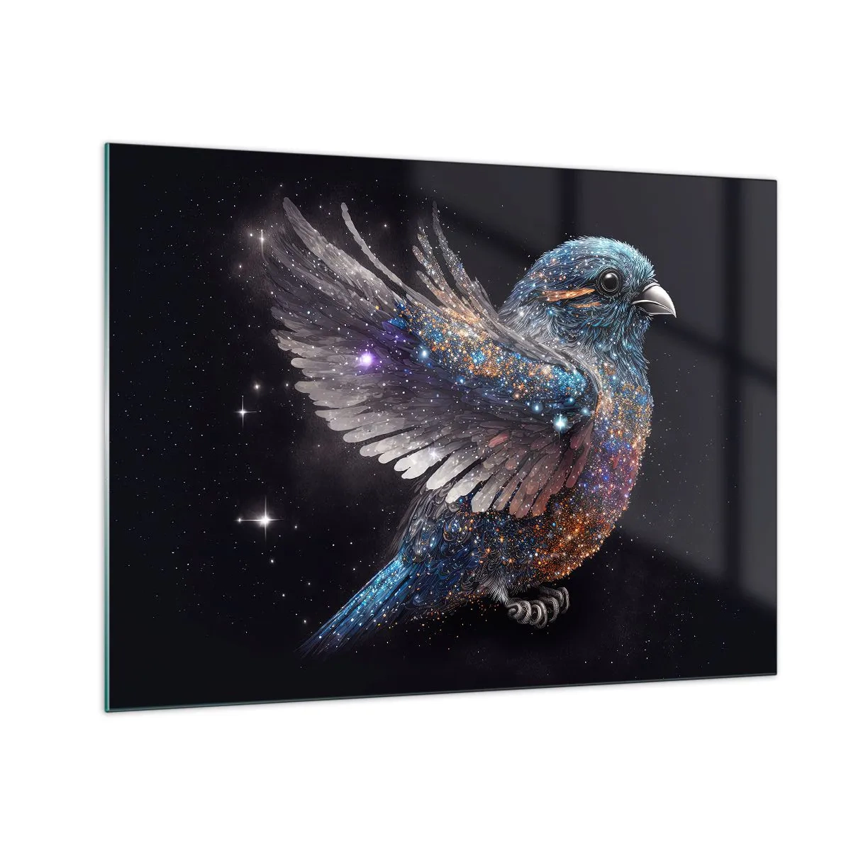 Billede på glas - Rumspurv med diamantglimmer - 70x50cm - Diamantspurv - Moderne vægdekoration til stue og soveværelse ARTTOR