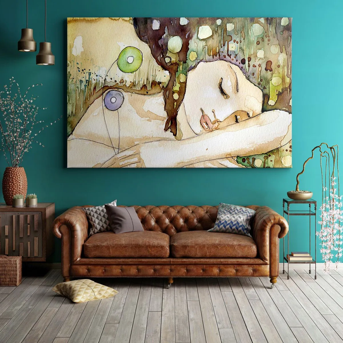Lærredstryk - Billede på lærred - En kvinde drømmer omgivet af abstrakte former og farver. - 70x50cm - Smaragd-violet drøm - Moderne vægdekoration til stue og soveværelse ARTTOR