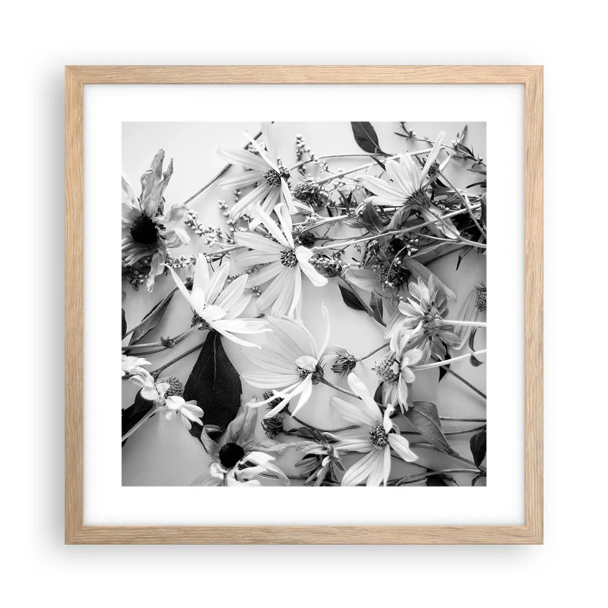 Plakat i ramme af lyst egetræ - Blomster uden buket - 40x40 cm