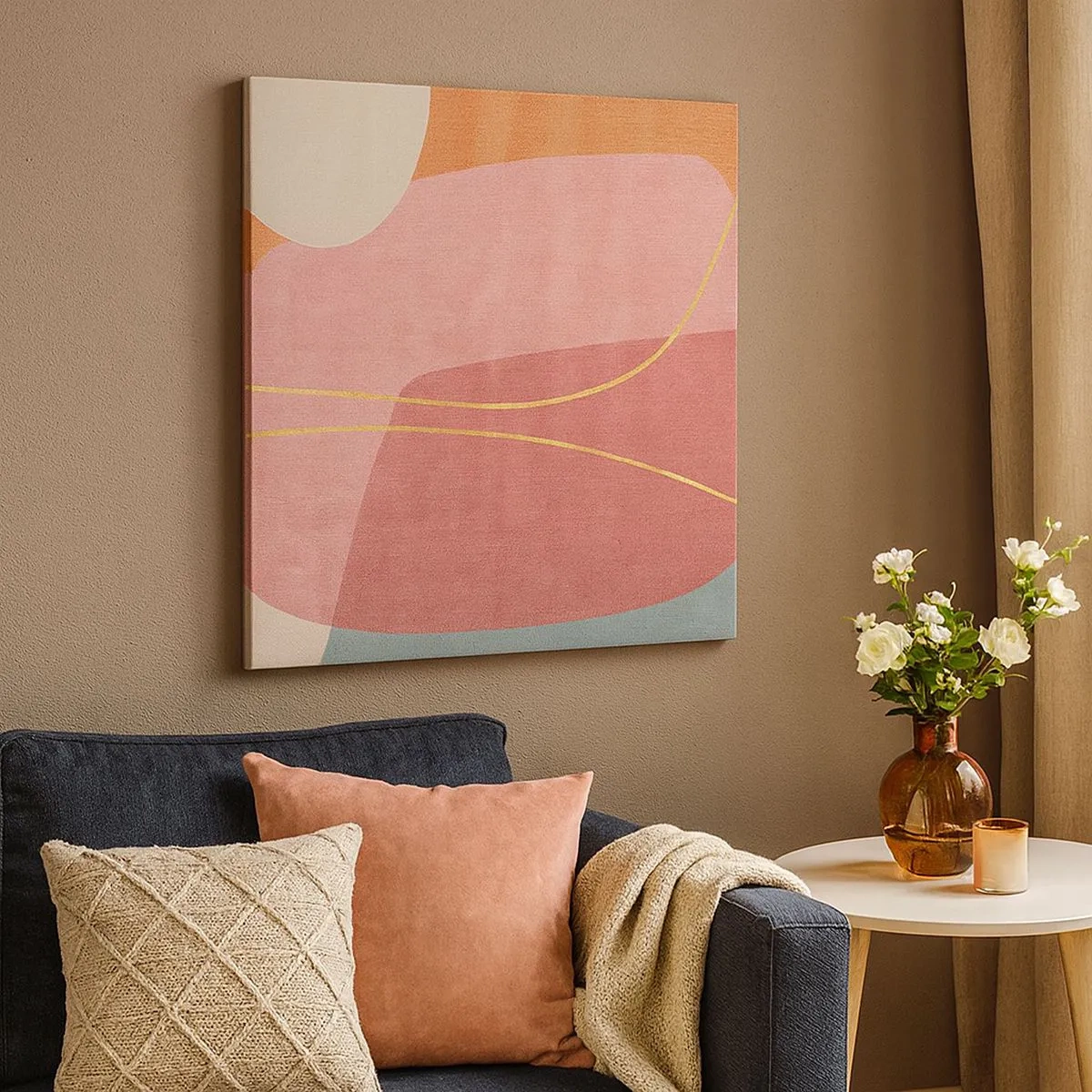 Lærredstryk - Billede på lærred - Pastelkomposition med guldtråd - 30x30 cm