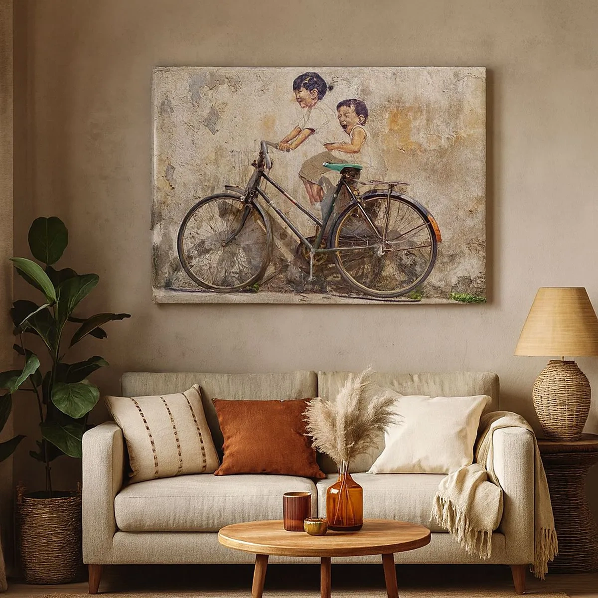 Lærredstryk - Billede på lærred - Gadekunst med en cykel og børnetegninger på væggen - 70x50cm - Sandt eller falsk? - Moderne vægdekoration til stue og soveværelse ARTTOR