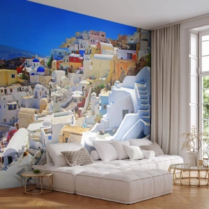 Fototapet Selvklæbende Deluxe Sticker - Drømme om en græsk sommer - Arkitektur, Landskab, Santorini - 100x70 cm