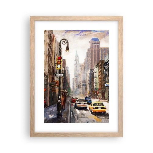 Plakat i ramme af lyst egetræ - New York - også farverig i regnvejr - 30x40 cm