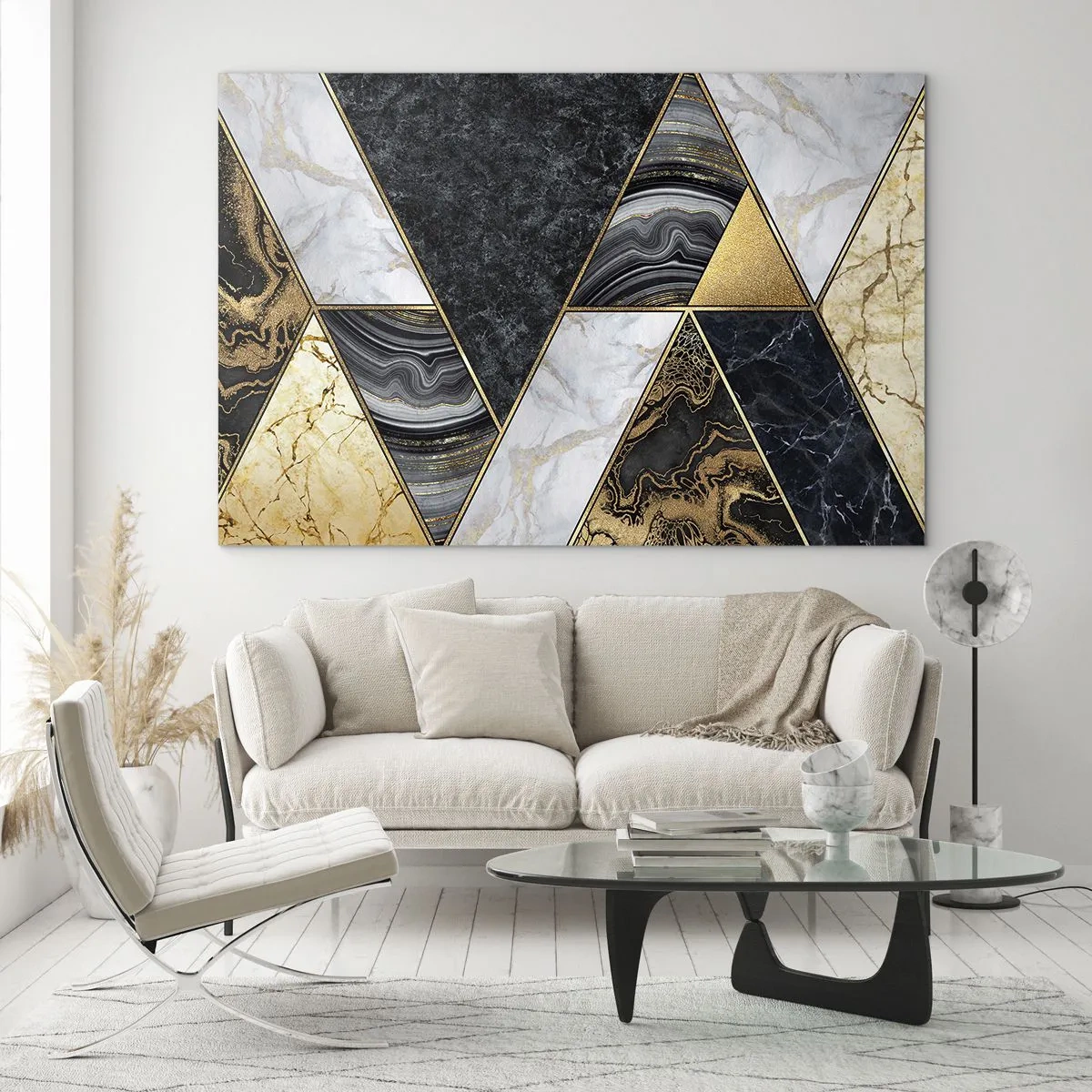 Billede på glas - Geometrisk mønster af marmor og guldtrekanter - 70x50cm - Sten for sten - Moderne vægdekoration til stue og soveværelse ARTTOR
