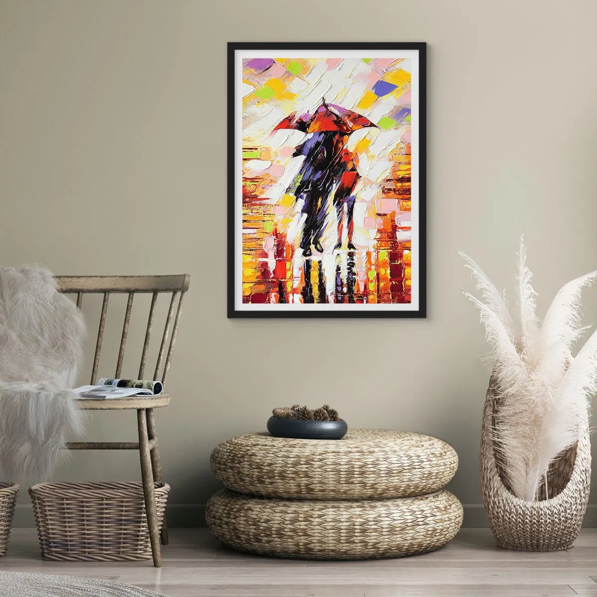 Plakat i sort ramme - Et par under en paraply i en farverig abstraktion - 50x70cm - Sammen gennem natten og regnen - Moderne vægdekoration til stue og soveværelse ARTTOR