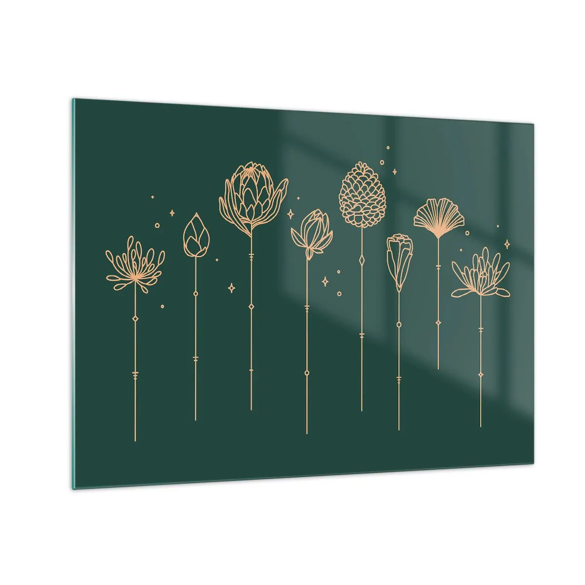Billede på glas - Gyldne omrids af urter og blomster på en mørkegrøn baggrund - 70x50cm - Familien ZIÓŁkowski - Moderne vægdekoration til stue og soveværelse ARTTOR