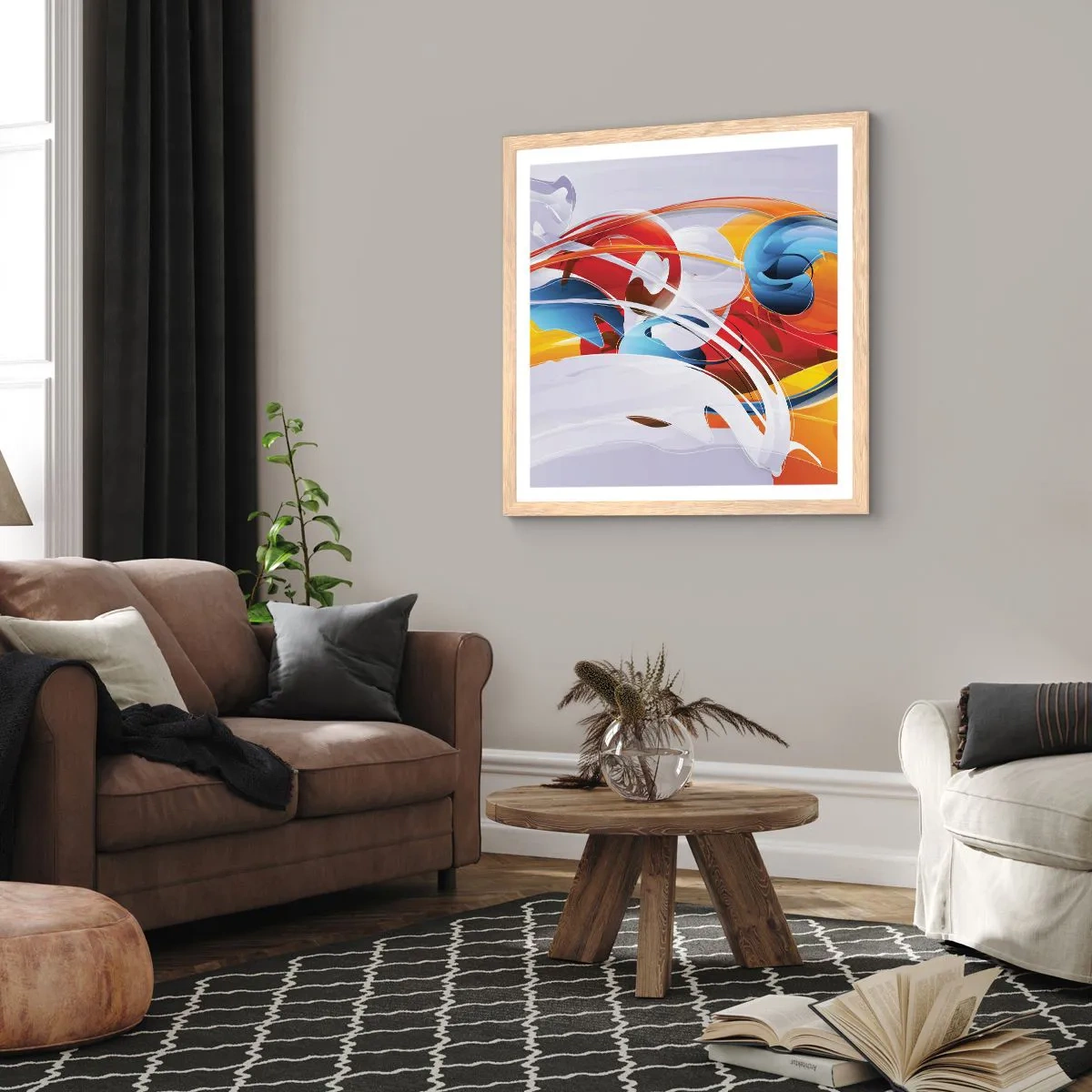 Plakat i ramme af lyst egetræ - Elementernes dans - 40x40 cm