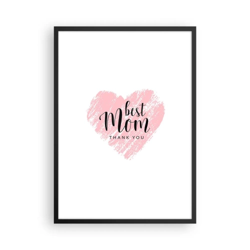 Plakat i sort ramme - Lyserødt hjerte med tekst på en hvid baggrund i minimalistisk stil - 50x70cm - Altid det rette øjeblik - Moderne vægdekoration til stue og soveværelse ARTTOR