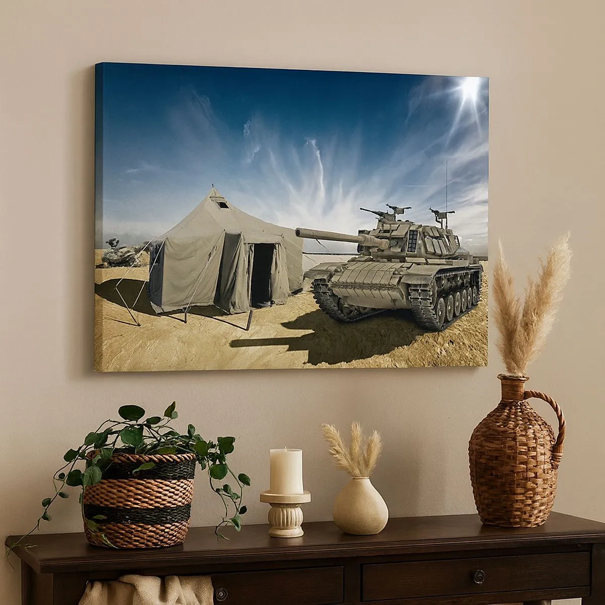 Lærredstryk - Billede på lærred - En tank ved siden af et militærtelt i et ørkenområde - 70x50cm - En militær drøm - Moderne vægdekoration til stue og soveværelse ARTTOR